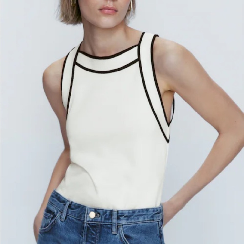 Massimo Dutti Cream Black Sleeveless Contrast Tank Top S Small